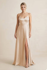 Cami Strap A - Line Shiny Satin Bridesmaid Dress in Golden Champagne - KissProm Bridesmaid Dresses