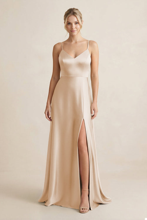 Cami Strap A - Line Shiny Satin Bridesmaid Dress in Golden Champagne - KissProm Bridesmaid Dresses