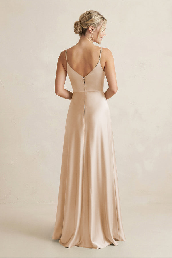 Cami Strap A - Line Shiny Satin Bridesmaid Dress in Golden Champagne - KissProm Bridesmaid Dresses