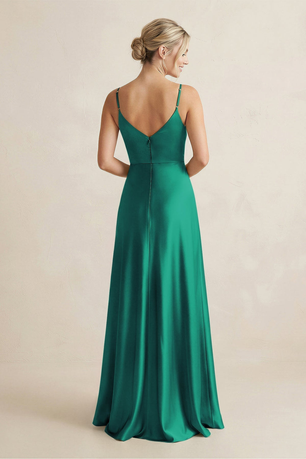 Cami Strap A - Line Shiny Satin Bridesmaid Dress in Green - KissProm Bridesmaid Dresses