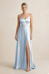 Cami Strap A - Line Shiny Satin Bridesmaid Dress in Ice - KissProm Bridesmaid Dresses