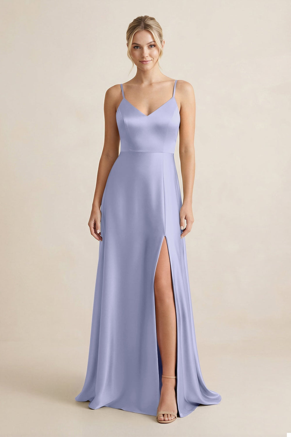 Cami Strap A - Line Shiny Satin Bridesmaid Dress in Lavender - KissProm Bridesmaid Dresses