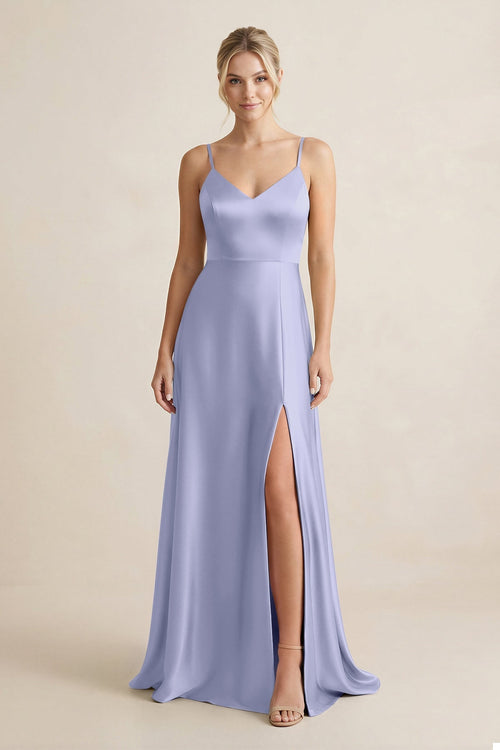 Cami Strap A - Line Shiny Satin Bridesmaid Dress in Lavender - KissProm Bridesmaid Dresses