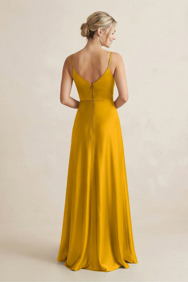 Cami Strap A - Line Shiny Satin Bridesmaid Dress in Marigold - KissProm Bridesmaid Dresses