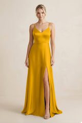 Cami Strap A - Line Shiny Satin Bridesmaid Dress in Marigold - KissProm Bridesmaid Dresses