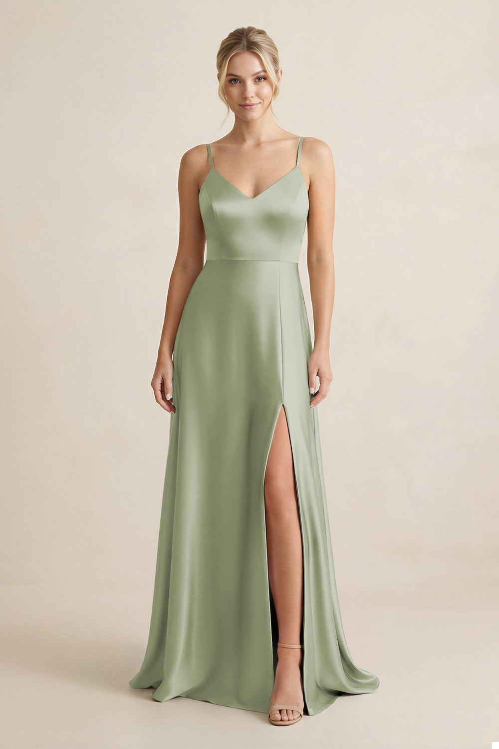 Cami Strap A - Line Shiny Satin Bridesmaid Dress in Matcha - KissProm Bridesmaid Dresses
