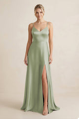 Cami Strap A - Line Shiny Satin Bridesmaid Dress in Matcha - KissProm Bridesmaid Dresses