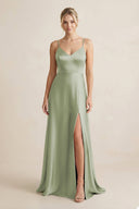 Cami Strap A - Line Shiny Satin Bridesmaid Dress in Matcha - KissProm Bridesmaid Dresses