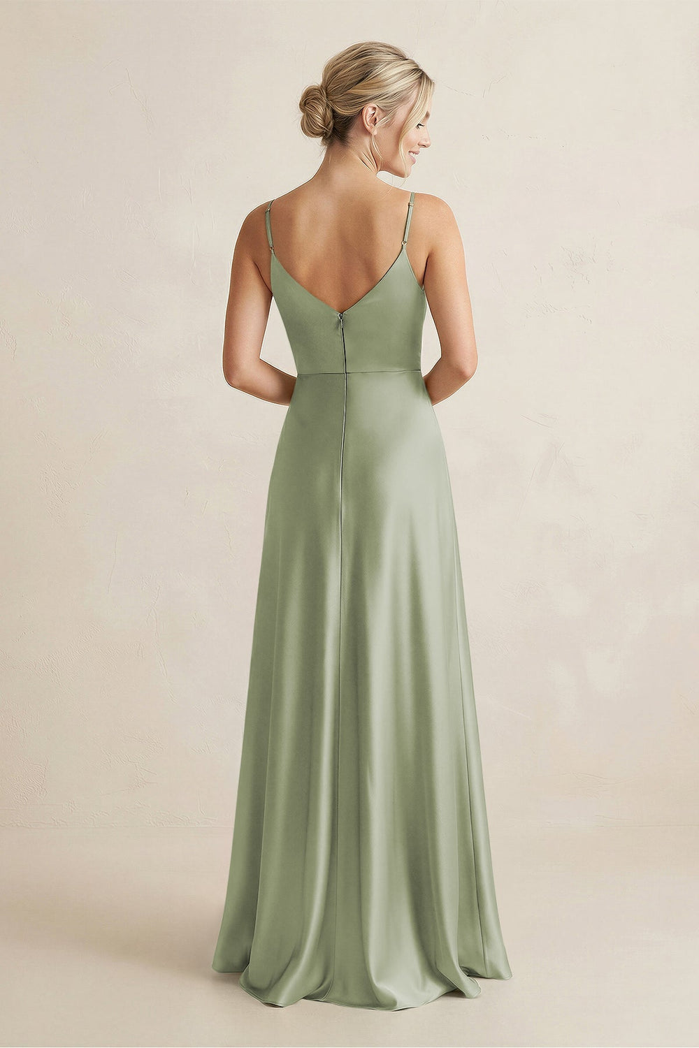 Cami Strap A - Line Shiny Satin Bridesmaid Dress in Matcha - KissProm Bridesmaid Dresses