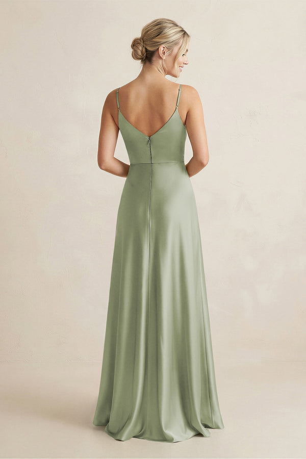 Cami Strap A - Line Shiny Satin Bridesmaid Dress in Matcha - KissProm Bridesmaid Dresses