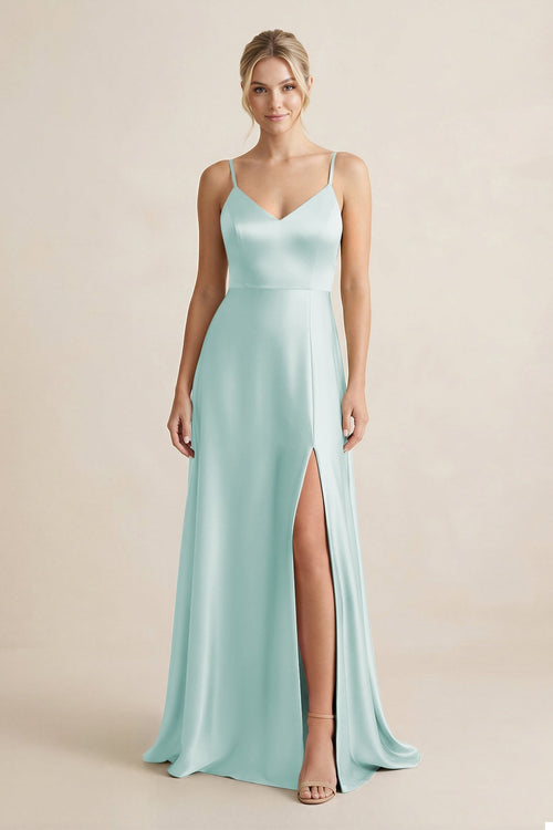Cami Strap A - Line Shiny Satin Bridesmaid Dress in Mist - KissProm Bridesmaid Dresses