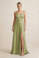 Cami Strap A - Line Shiny Satin Bridesmaid Dress in Moss Green - KissProm Bridesmaid Dresses