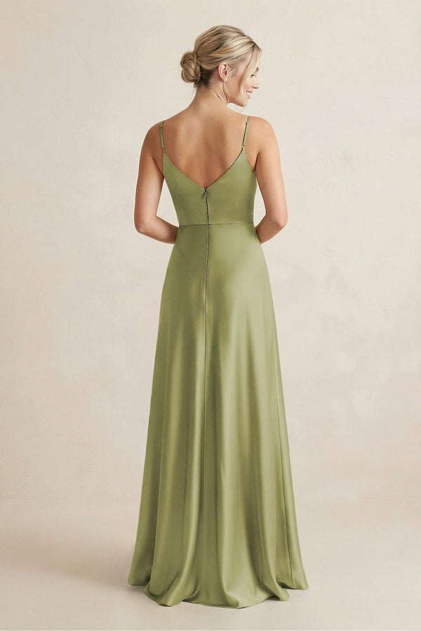 Cami Strap A - Line Shiny Satin Bridesmaid Dress in Moss Green - KissProm Bridesmaid Dresses