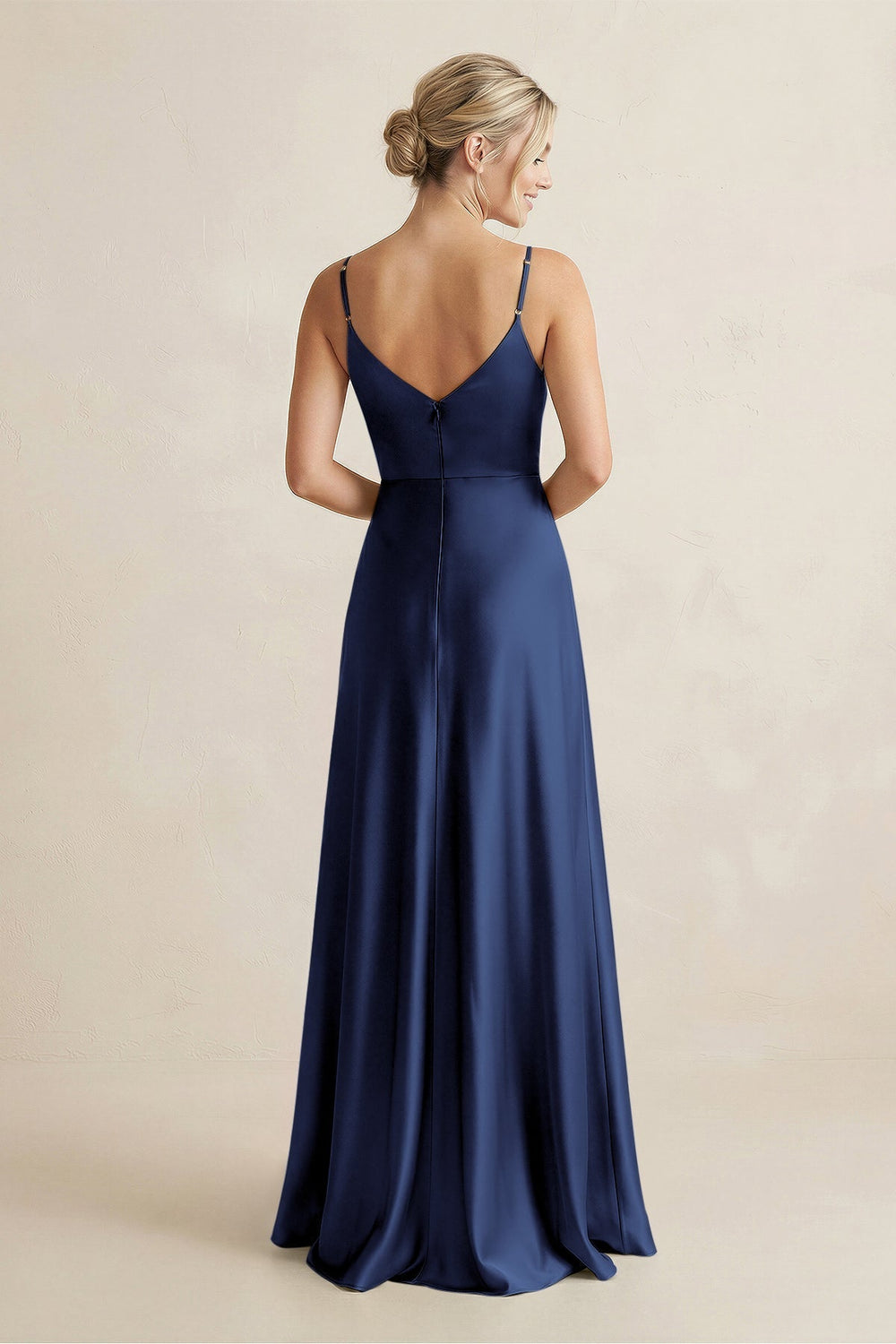 Cami Strap A - Line Shiny Satin Bridesmaid Dress in Navy - KissProm Bridesmaid Dresses