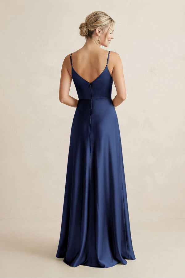 Cami Strap A - Line Shiny Satin Bridesmaid Dress in Navy - KissProm Bridesmaid Dresses