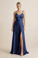 Cami Strap A - Line Shiny Satin Bridesmaid Dress in Navy - KissProm Bridesmaid Dresses