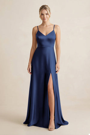 Cami Strap A - Line Shiny Satin Bridesmaid Dress in Navy - KissProm Bridesmaid Dresses