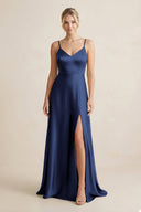 Cami Strap A - Line Shiny Satin Bridesmaid Dress in Navy - KissProm Bridesmaid Dresses