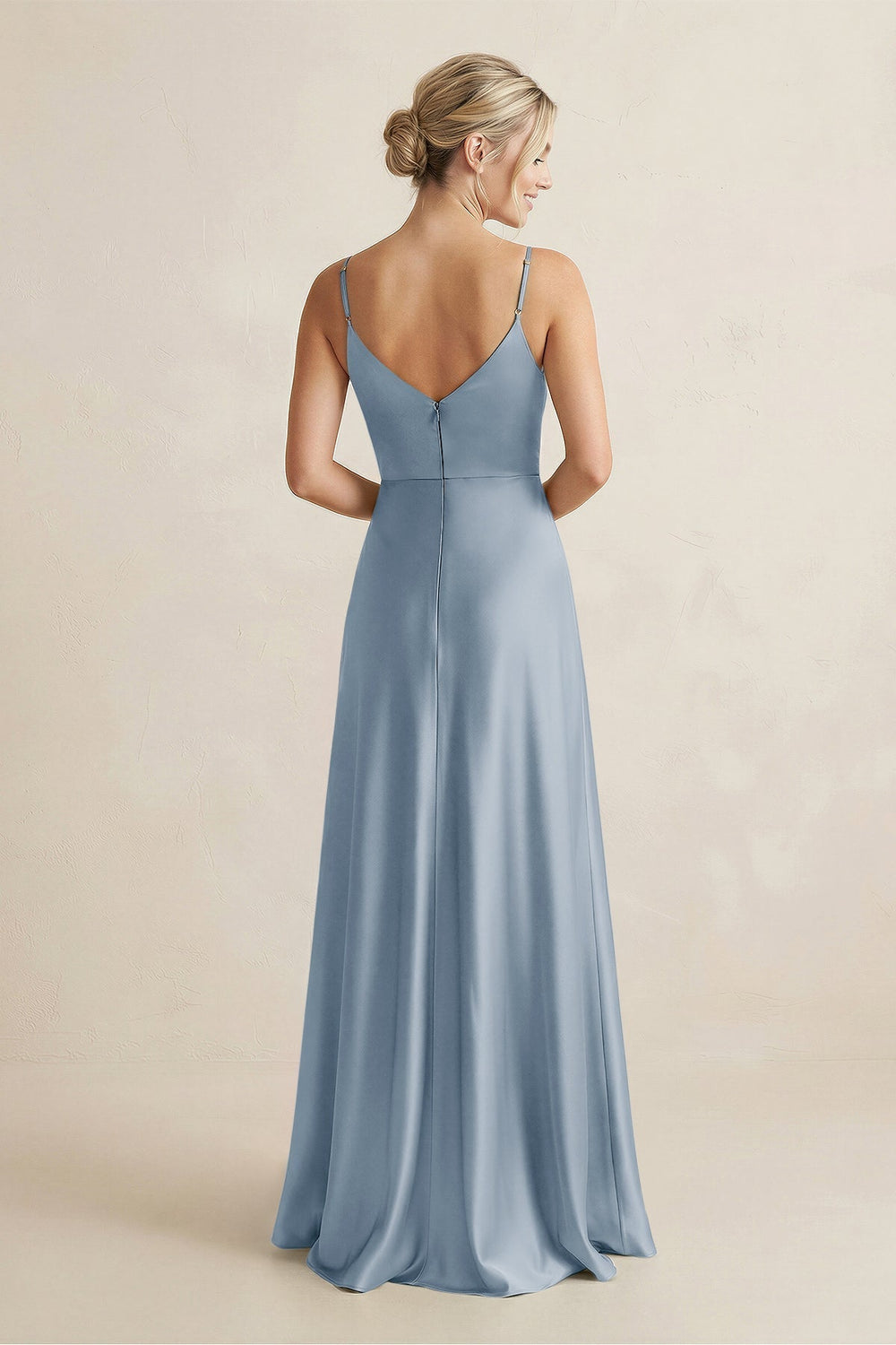 Cami Strap A - Line Shiny Satin Bridesmaid Dress in Neptune - KissProm Bridesmaid Dresses