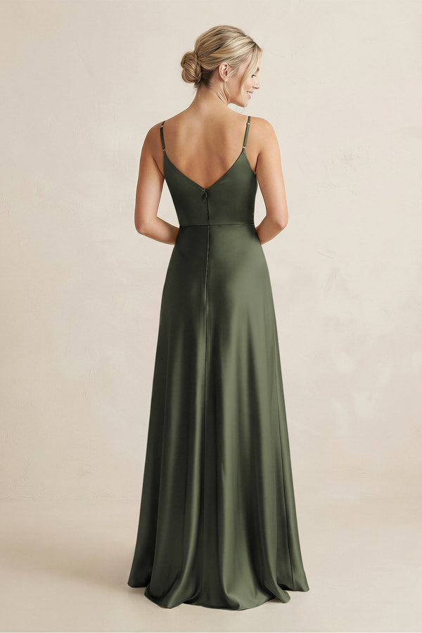 Cami Strap A - Line Shiny Satin Bridesmaid Dress in Olive - KissProm Bridesmaid Dresses