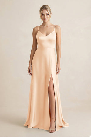 Cami Strap A - Line Shiny Satin Bridesmaid Dress in Pale Blush - KissProm Bridesmaid Dresses