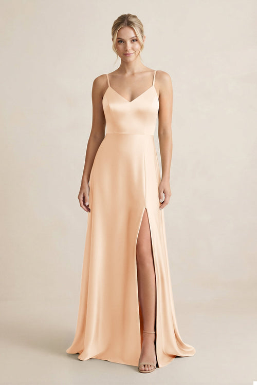 Cami Strap A - Line Shiny Satin Bridesmaid Dress in Pale Blush - KissProm Bridesmaid Dresses
