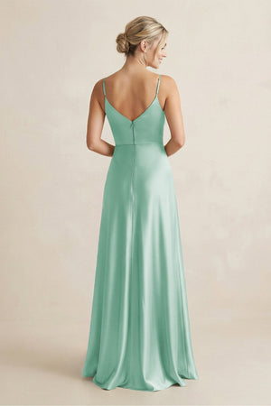 Cami Strap A - Line Shiny Satin Bridesmaid Dress in Pale Pistachio - KissProm Bridesmaid Dresses
