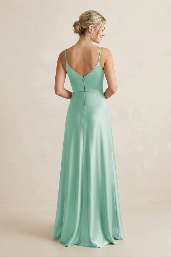 Cami Strap A - Line Shiny Satin Bridesmaid Dress in Pale Pistachio - KissProm Bridesmaid Dresses