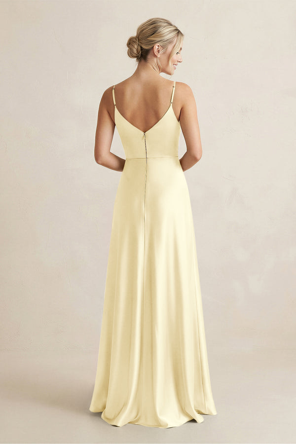 Cami Strap A - Line Shiny Satin Bridesmaid Dress in Pastel Yellow - KissProm Bridesmaid Dresses