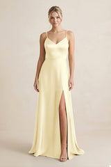 Cami Strap A - Line Shiny Satin Bridesmaid Dress in Pastel Yellow - KissProm Bridesmaid Dresses