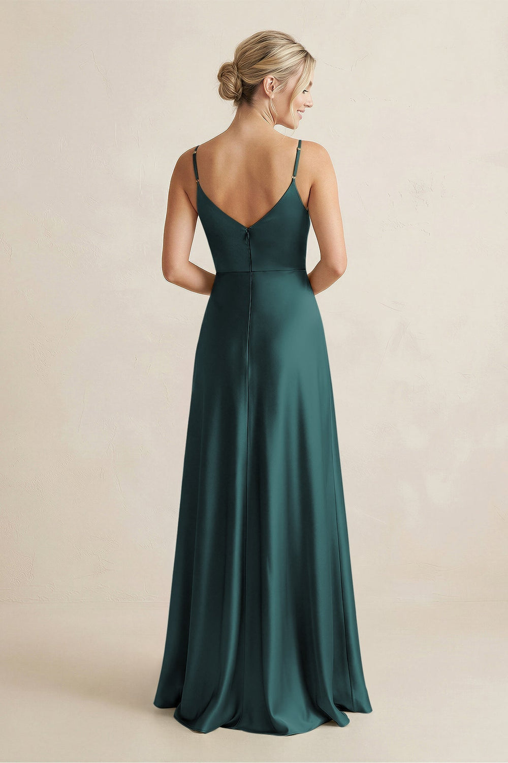 Cami Strap A - Line Shiny Satin Bridesmaid Dress in Pine - KissProm Bridesmaid Dresses