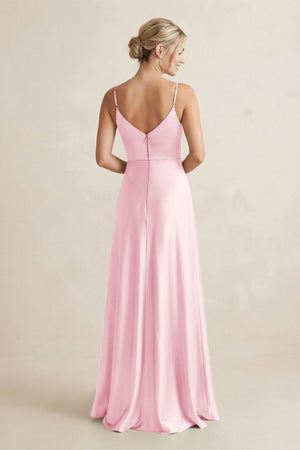 Cami Strap A - Line Shiny Satin Bridesmaid Dress in Pink - KissProm Bridesmaid Dresses