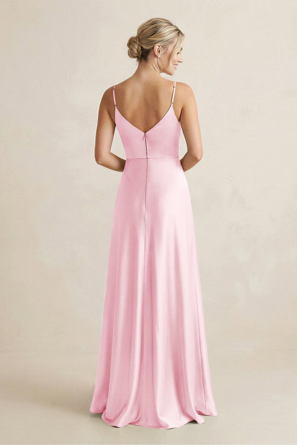 Cami Strap A - Line Shiny Satin Bridesmaid Dress in Pink - KissProm Bridesmaid Dresses