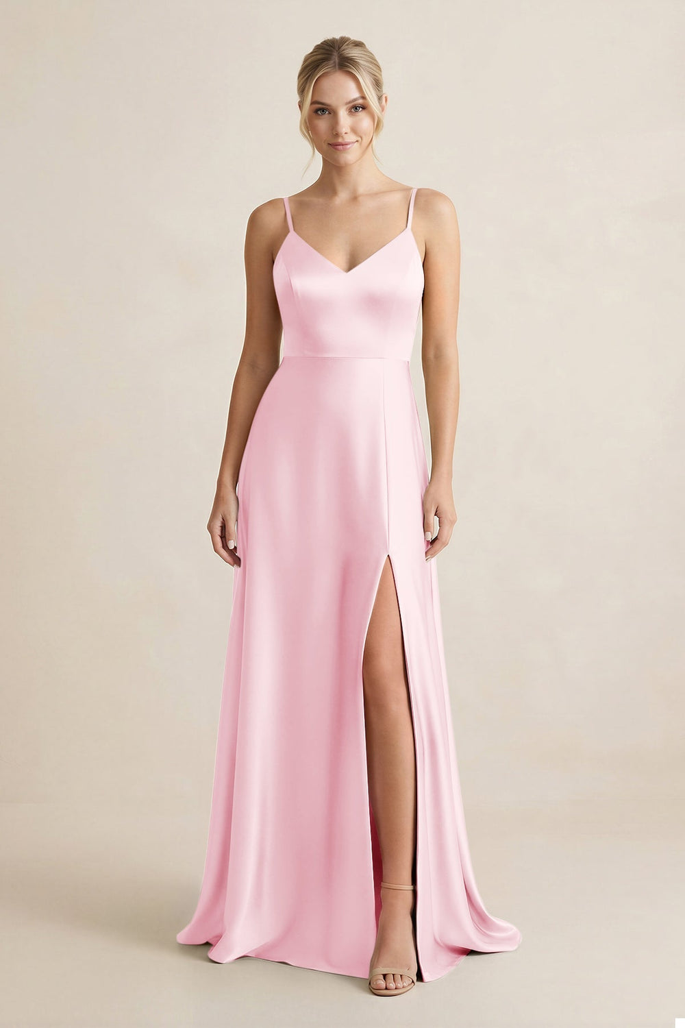 Cami Strap A - Line Shiny Satin Bridesmaid Dress in Pink - KissProm Bridesmaid Dresses