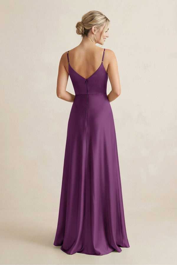 Cami Strap A - Line Shiny Satin Bridesmaid Dress in Plum - KissProm Bridesmaid Dresses