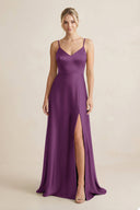 Cami Strap A - Line Shiny Satin Bridesmaid Dress in Plum - KissProm Bridesmaid Dresses