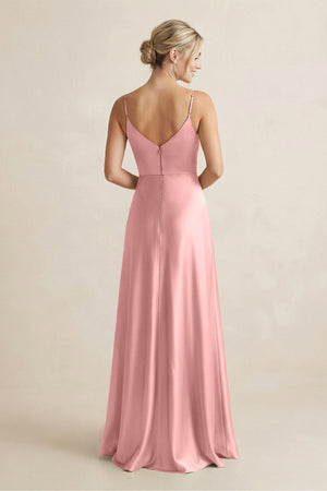 Cami Strap A - Line Shiny Satin Bridesmaid Dress in Rosette - KissProm Bridesmaid Dresses