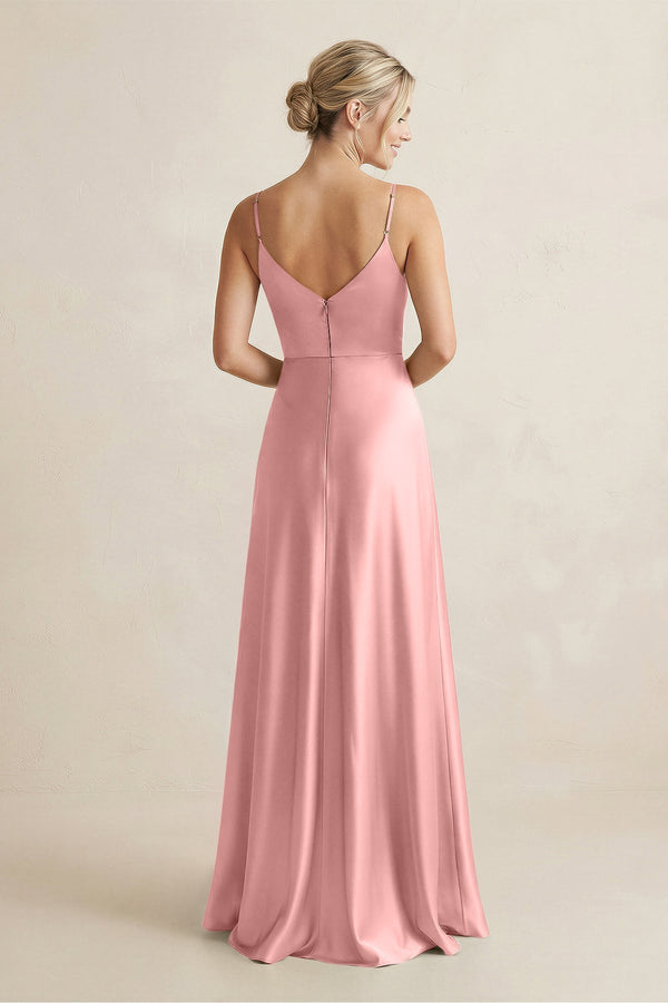 Cami Strap A - Line Shiny Satin Bridesmaid Dress in Rosette - KissProm Bridesmaid Dresses