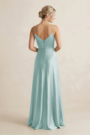 Cami Strap A - Line Shiny Satin Bridesmaid Dress in Sage - KissProm Bridesmaid Dresses