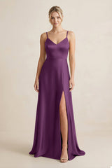 Cami Strap A - Line Shiny Satin Bridesmaid Dress in Sangria - KissProm Bridesmaid Dresses