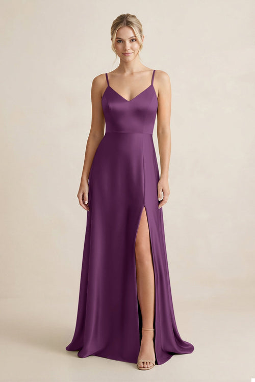 Cami Strap A - Line Shiny Satin Bridesmaid Dress in Sangria - KissProm Bridesmaid Dresses