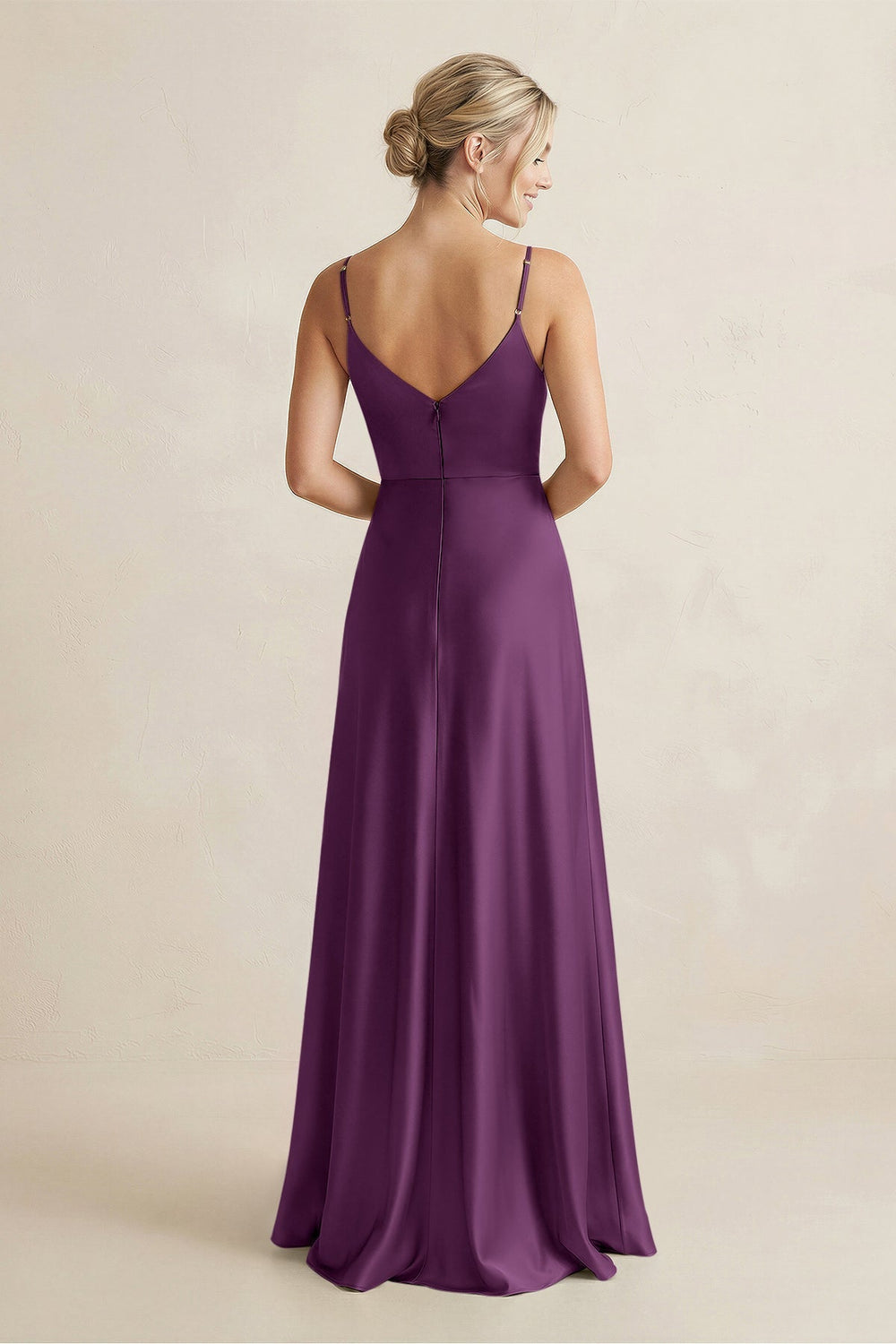 Cami Strap A - Line Shiny Satin Bridesmaid Dress in Sangria - KissProm Bridesmaid Dresses