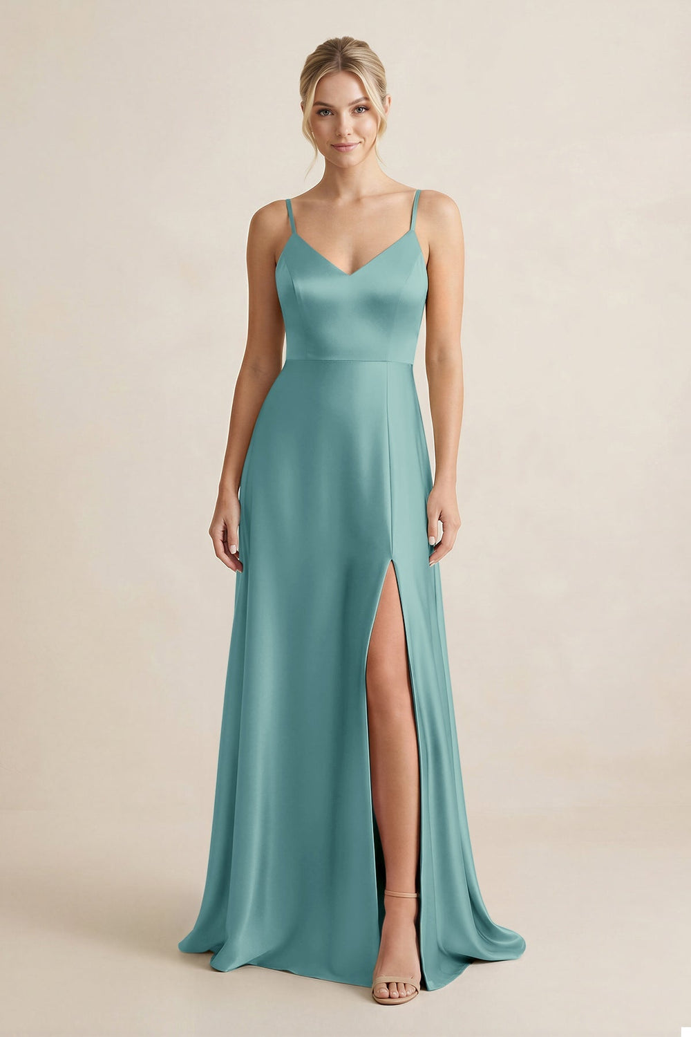 Cami Strap A - Line Shiny Satin Bridesmaid Dress in Sea Glass - KissProm Bridesmaid Dresses