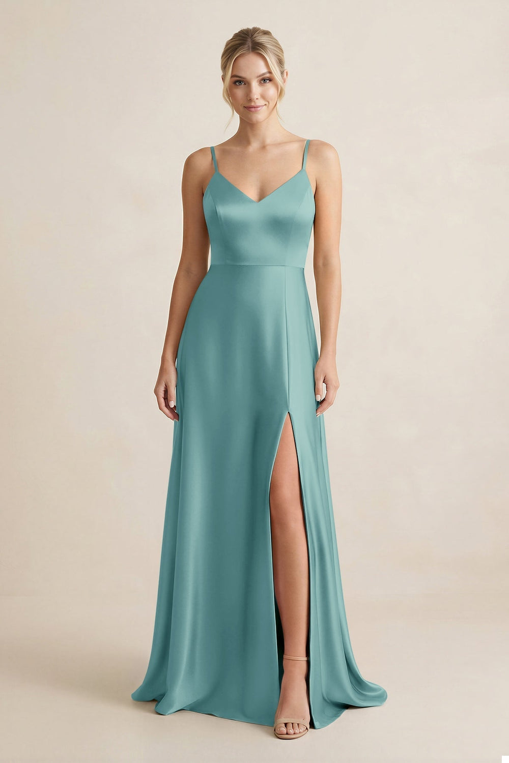 Cami Strap A - Line Shiny Satin Bridesmaid Dress in Sea Glass - KissProm Bridesmaid Dresses