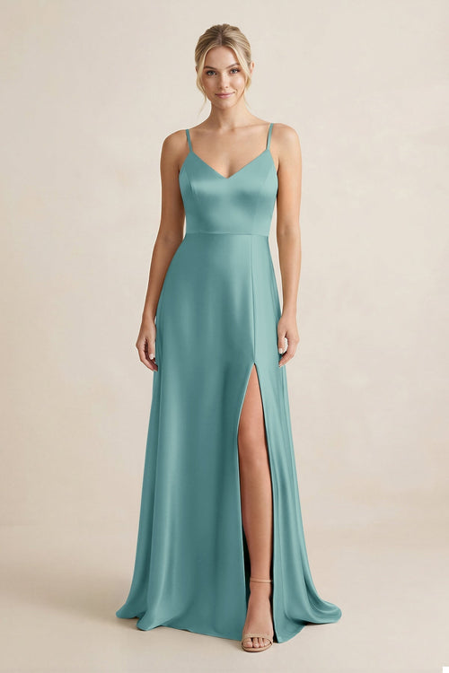 Cami Strap A - Line Shiny Satin Bridesmaid Dress in Sea Glass - KissProm Bridesmaid Dresses