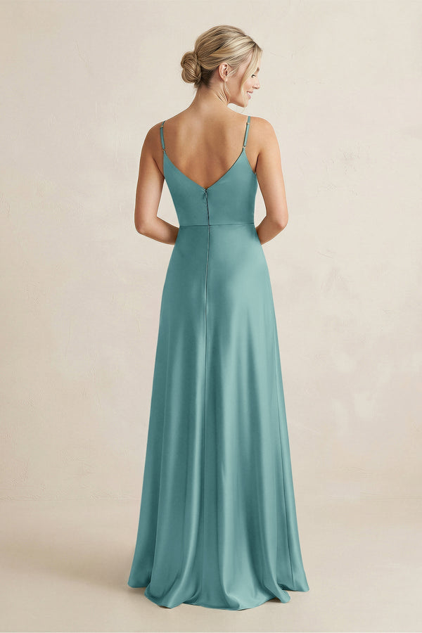 Cami Strap A - Line Shiny Satin Bridesmaid Dress in Sea Glass - KissProm Bridesmaid Dresses