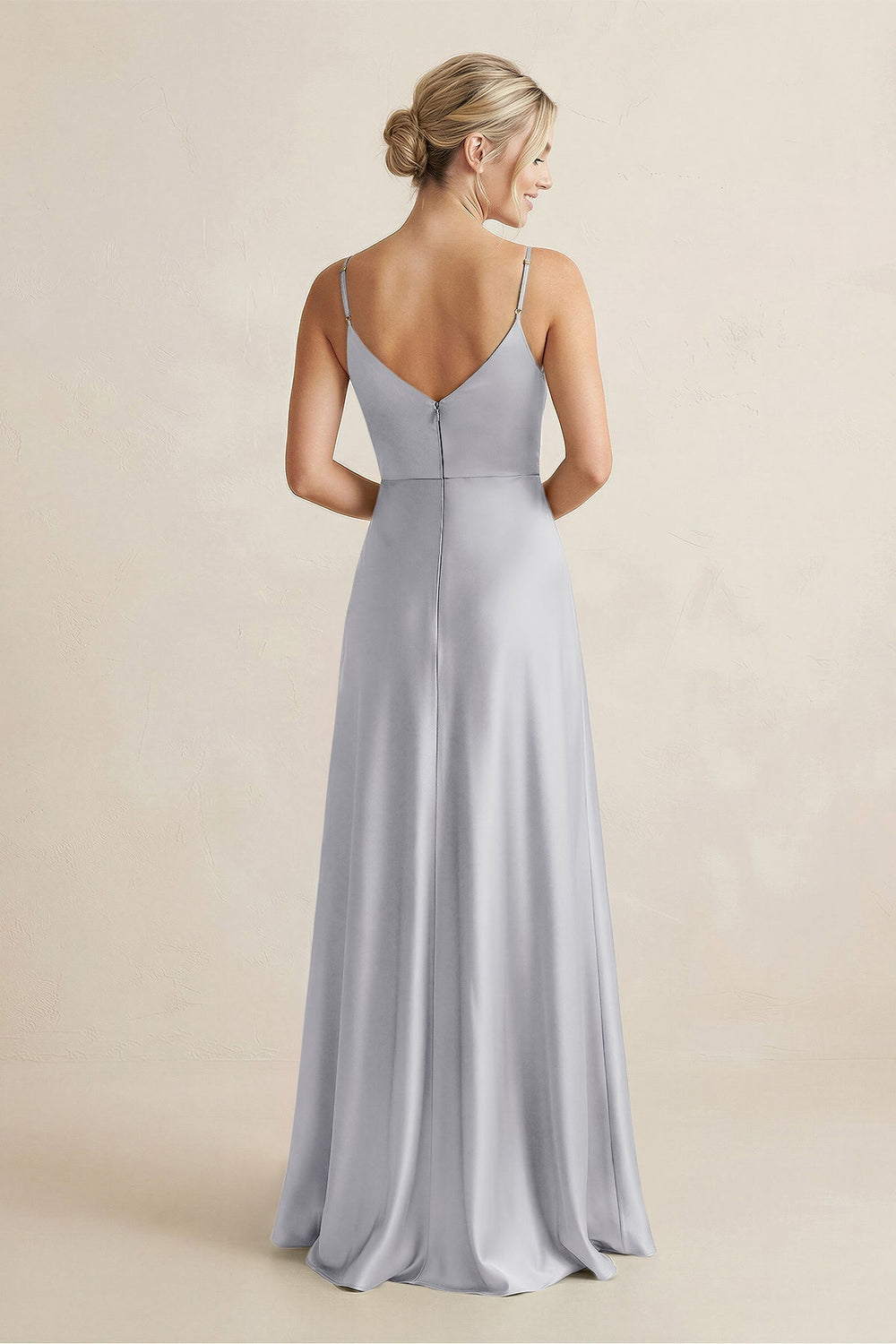 Cami Strap A - Line Shiny Satin Bridesmaid Dress in Silver - KissProm Bridesmaid Dresses
