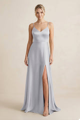 Cami Strap A - Line Shiny Satin Bridesmaid Dress in Silver - KissProm Bridesmaid Dresses