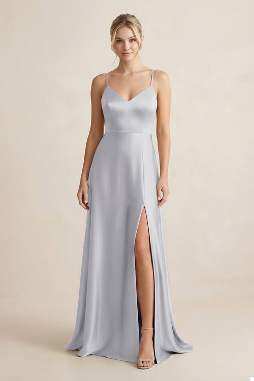 Cami Strap A - Line Shiny Satin Bridesmaid Dress in Silver - KissProm Bridesmaid Dresses