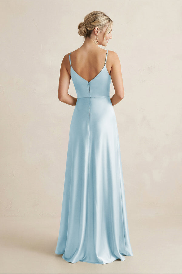 Cami Strap A - Line Shiny Satin Bridesmaid Dress in Sky Blue - KissProm Bridesmaid Dresses